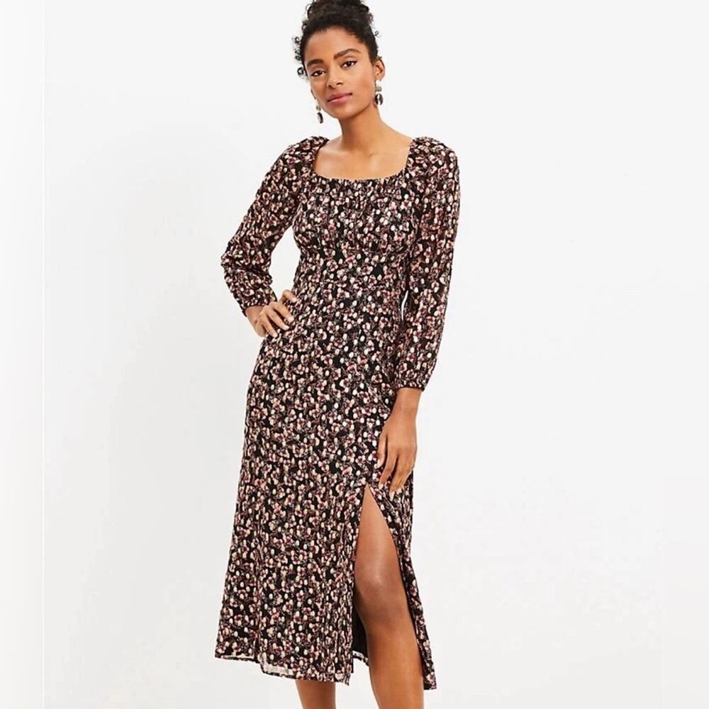 Loft Floral Long Sleeve Mid Front Slit Dress Black Red and Gold Size 12